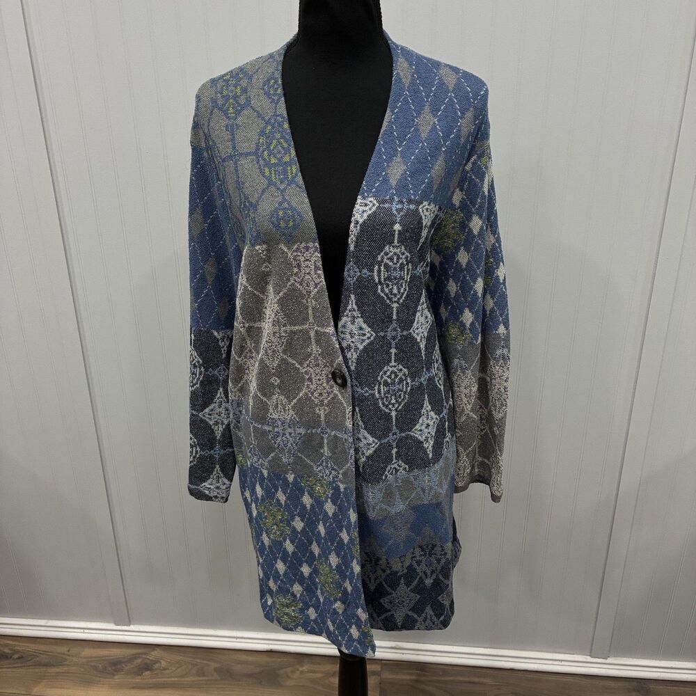 J.Jill XL Cardigan Sweater Blue Gray Pattern Patchwork Cotton Blend Long Duster